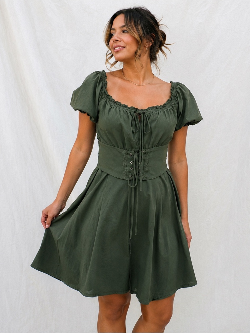 Scarlet Darkness Cottagecore Corset Dress – Olive Green – Large